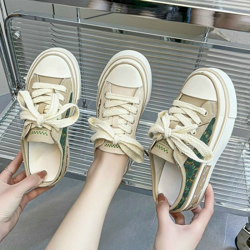 Giày sục thể thao nữ OQ đạp gót vải họa tiết thổ cẩm phong cách ulzzang hàn quốc đi chơi đi học đi làm dễ phối đồ