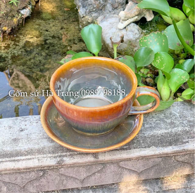 Set cốc đĩa capuchino gốm sứ Bát Tràng cao cấp men hoả biến hồng tuyết trà ngọc trai