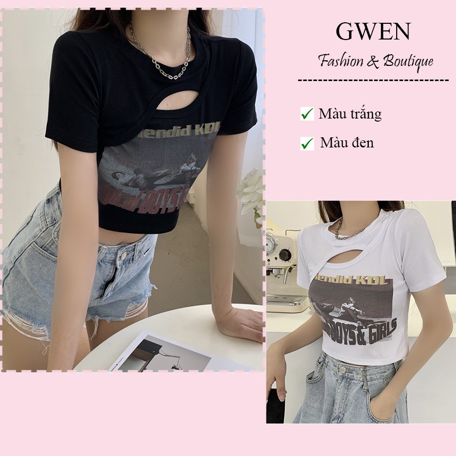áo croptop nữ cổ tròn tay ngắn kiểu form rộng Áo phông thun nữ crt nhiều màu đen trắng GWEN ABN03 | BigBuy360 - bigbuy360.vn