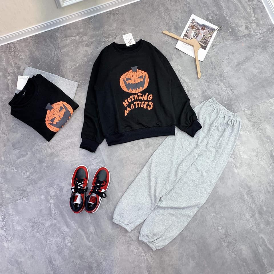 Bộ đồ bí ngô haloween Unisex - Set quần nỉ jogger áo thun dài tay form thụng oversize nam nữ Ulzzang HOT