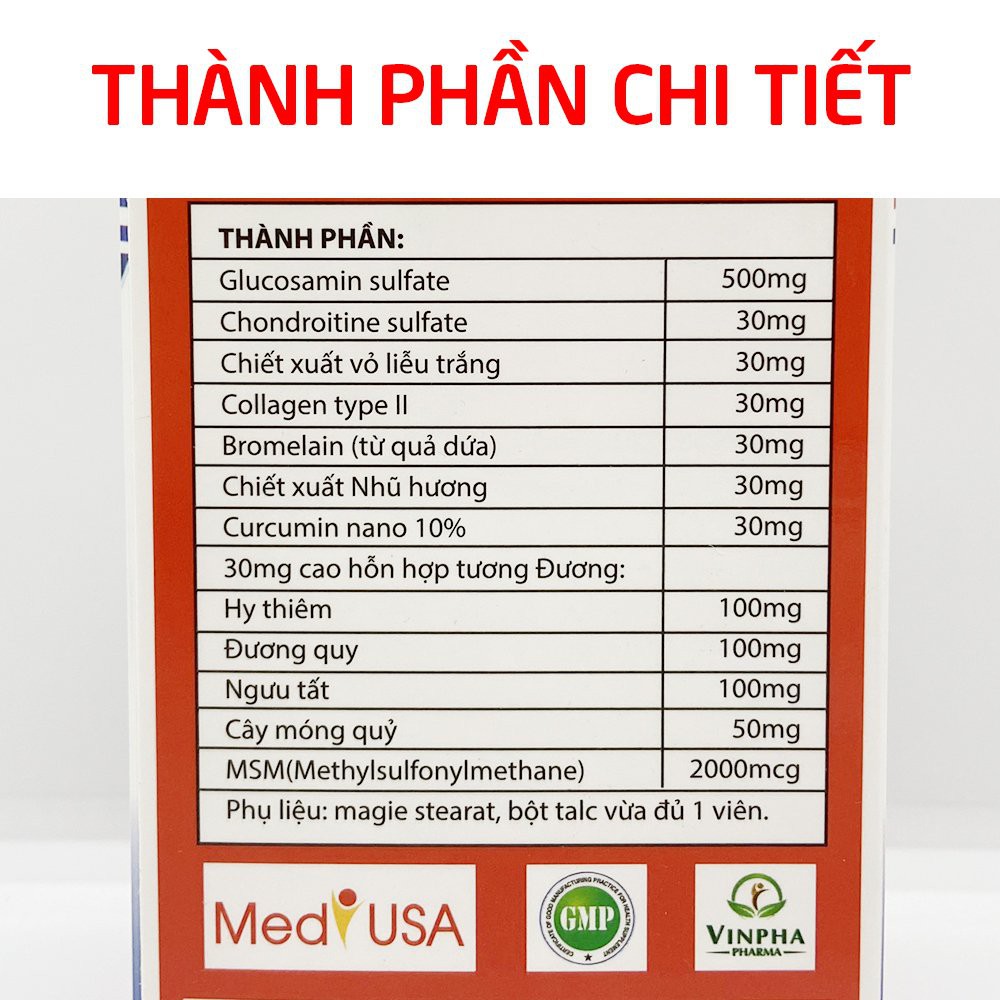 Viên khớp Glucosamin MSM 2000 giảm đau nhức mỏi xương khớp - Chai  60 viên [Glucosamin MSM Đỏ]