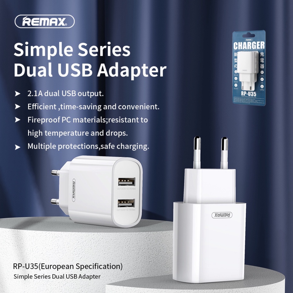 Củ Sạc Đa Năng Remax RP-U35 Tích Hợp 2 Cổng USB Công Suất 5V/2.1A - Hàng Chính Hãng - Bảo Hành 3 Tháng