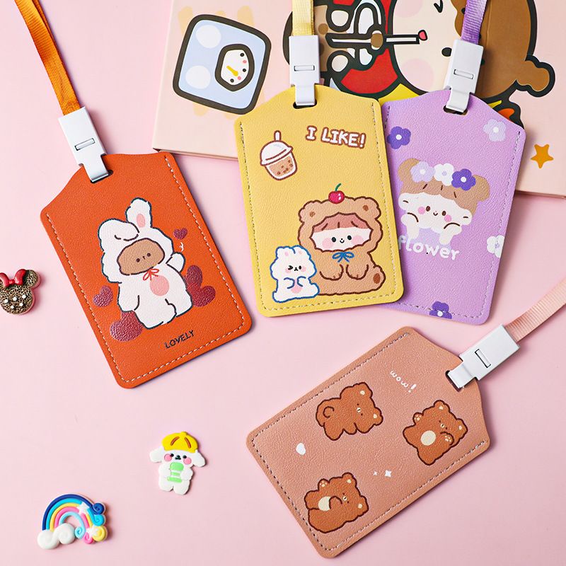 Dây đeo thẻ tên hoạt hình cute dành cho học sinh, sinh viên/ bảng tên phù hiệu đựng vé xe bus da pu in màu pastel