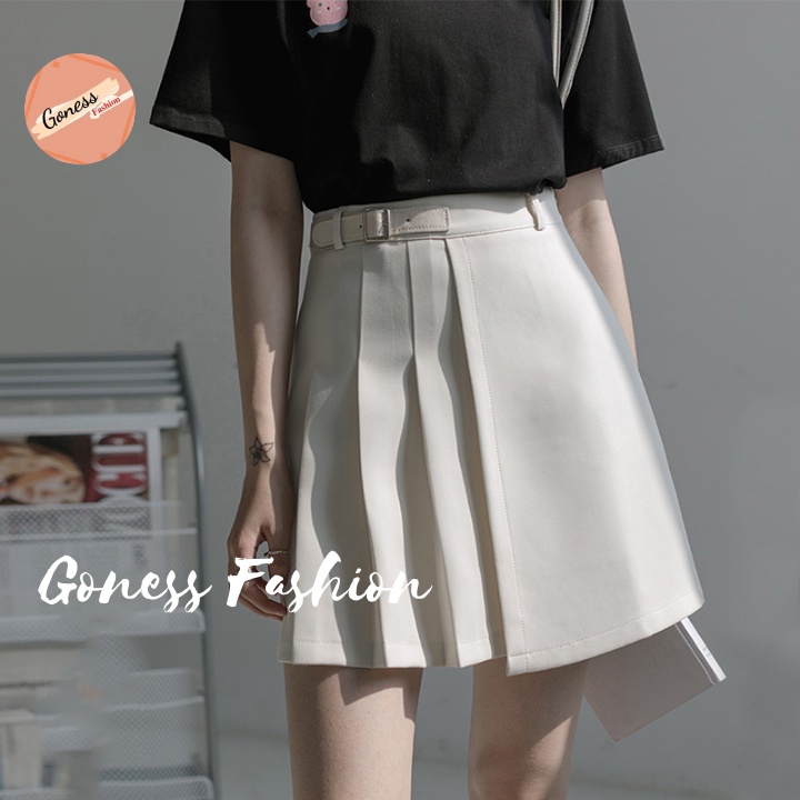 Chân váy ngắn Goness xếp ly nữ cạp cao có đai hai màu đen trắng phong cách Hàn Quốc