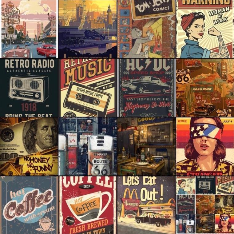 SET 10 DECAL POSTER DÁN TƯỜNG TRANG TRÍ CỬA HÀNG/CAFE CỔ ĐIỂN VINTAGE