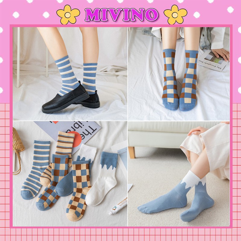 Set 6 đôi vớ nữ cổ cao Mivino tất hàn quốc thiết kế vintage cực xinh TN21