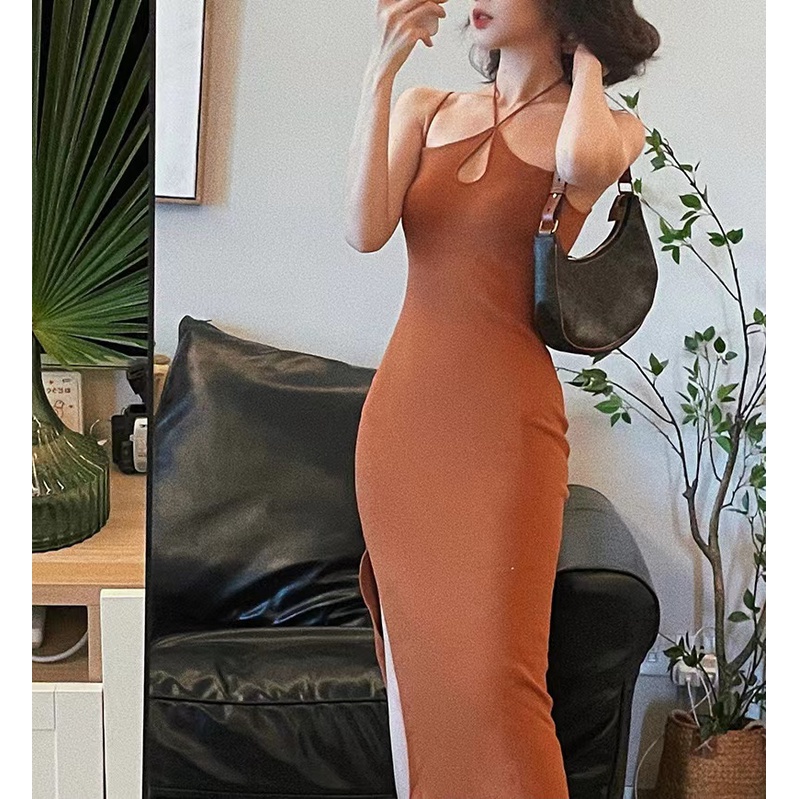 SUXI Đầm Dệt Kim Cổ Yếm Hở Vai Màu Sắc Trơn Phong Cách Vintage Thời Trang Mùa Hè Dành Cho Nữ