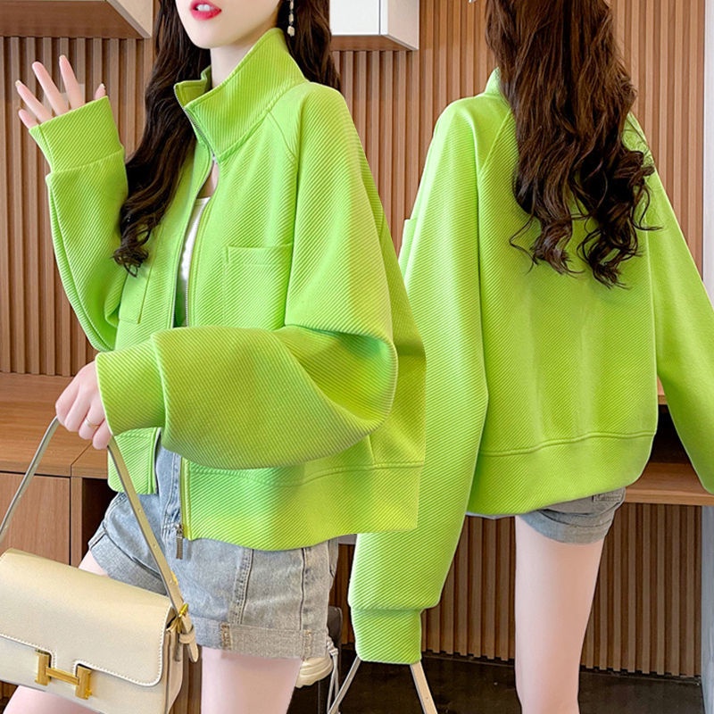 Áo Khoác Cardigan Cổ Đứng Dáng Rộng Màu Trơn Có Khóa Kéo Phong Cách Hàn Quốc Thời Trang Xuân Thu Cho Nữ