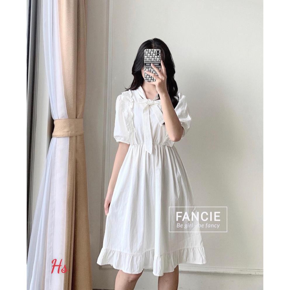 💃 Đầm Nữ Vai Bèo Cộc Tay Buộc Nơ. HANN's Closet.  Váy Trắng Chất Đũi Dáng Xòe Xinh Xinh Yêu Yêu