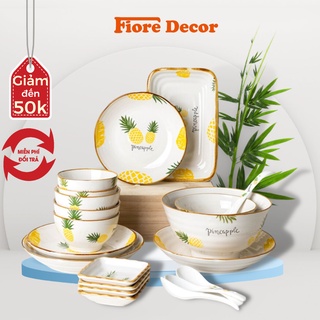 Bộ bát đĩa sứ họa tiết dứa viền nâu siêu xinh Fiore