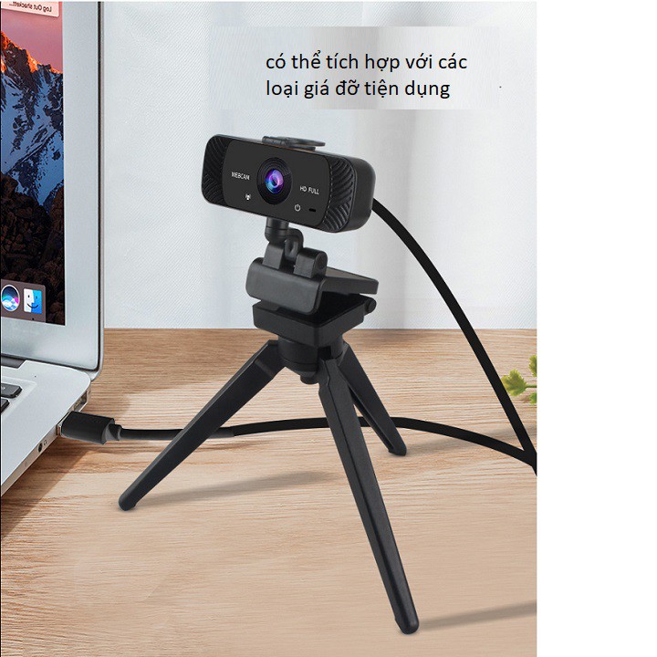 Webcam có mic dùng cho máy tính 1080P có tích hợp mic và đèn Led trợ sáng - có nắp che camera - Webcam máy tính để bàn s