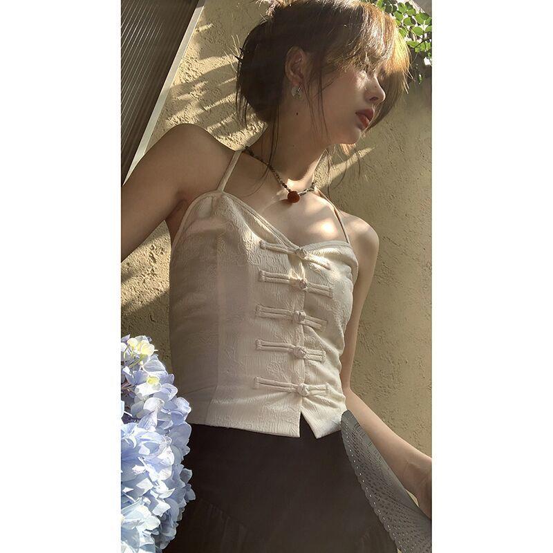 Áo Hai Dây Cổ Yếm Dáng Ngắn Màu Trắng Phong Cách Trung Hoa Thời Trang Mùa Hè Xinh Xắn Cho Nữ