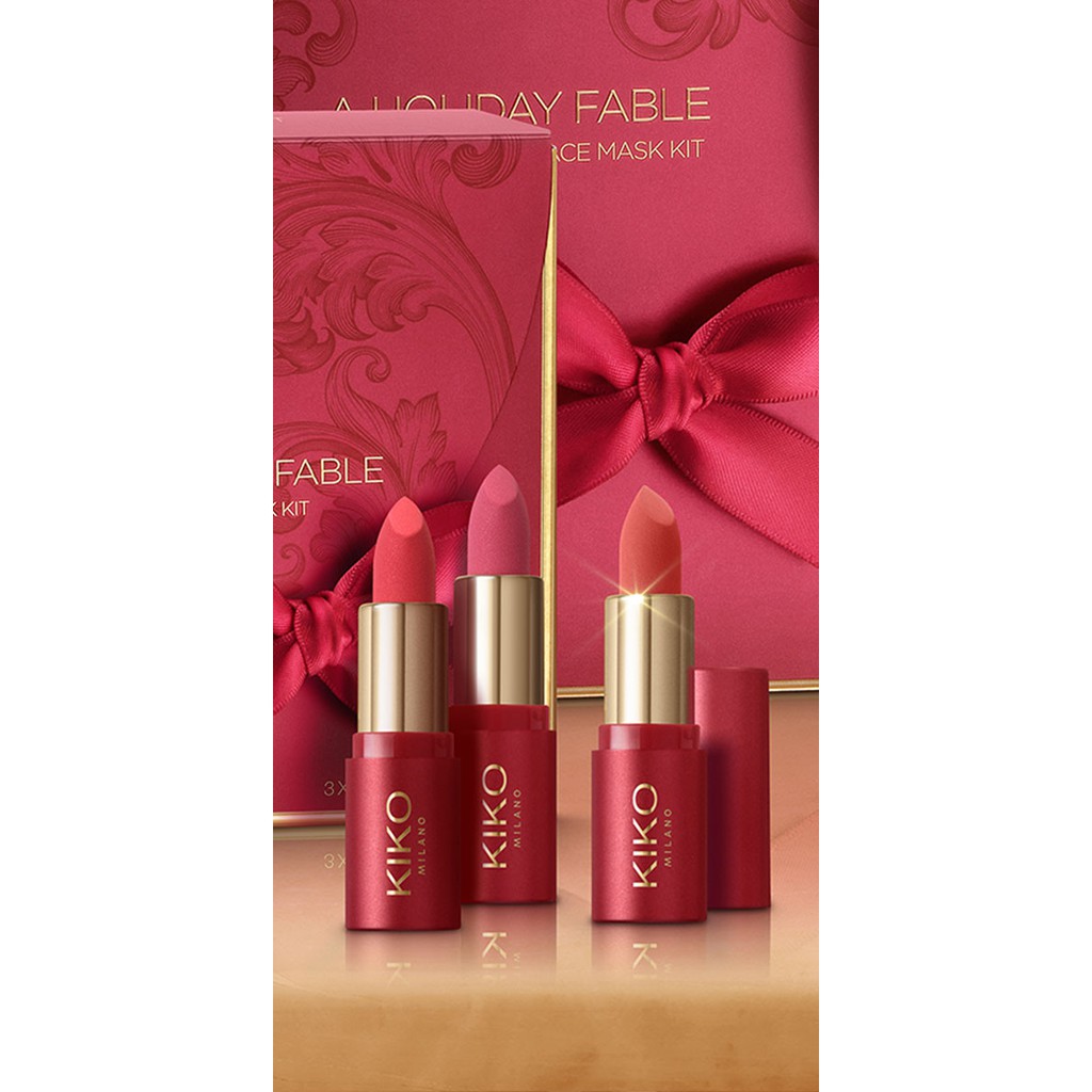 Son kiko - set 3 cây son lì mini siêu mịn CAM ĐÀO - CAM ĐẤT - HỒNG ĐẤT- A Holiday Fable Mini Lipstick Kit - Italy