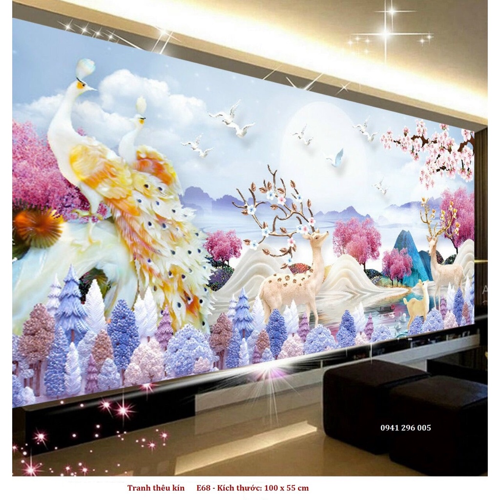 Tranh thêu kín Hươu Tài Lộc Phú Quý E67, E76 (100x55cm) - tranh chưa thêu