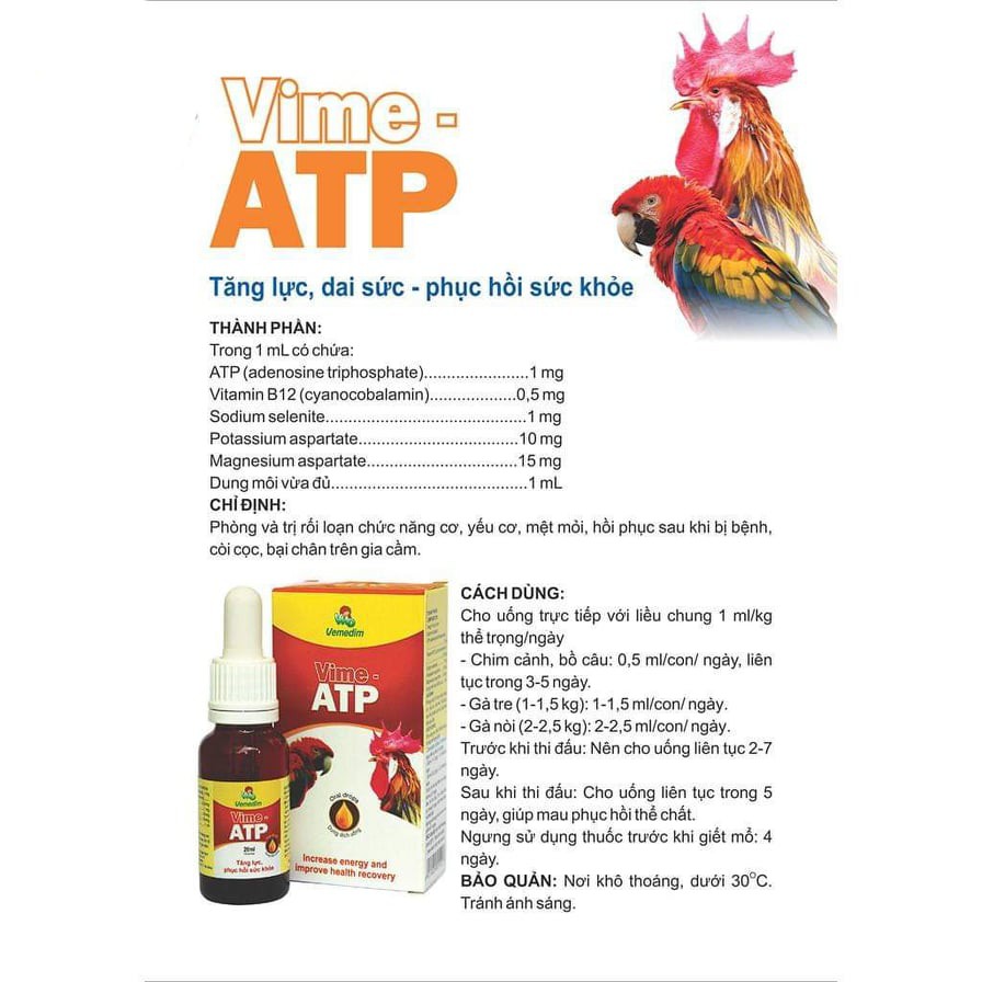 Vemedim: Vime ATP - Thuốc uống tăng lực cho chim, gà đá [ chai 20ml  ]