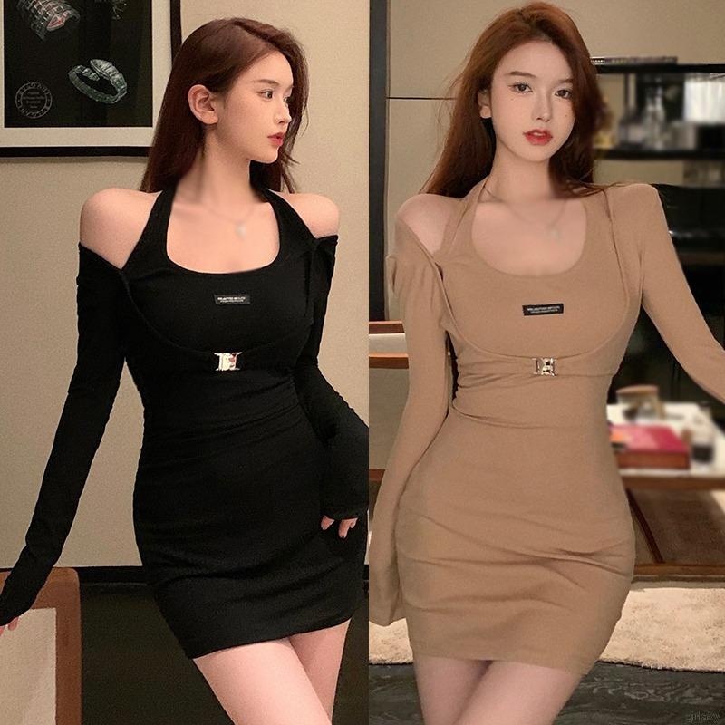 Đầm ôm dáng tay dài thiết kế khoét vai phong cách Hàn gợi cảm dành cho nữ