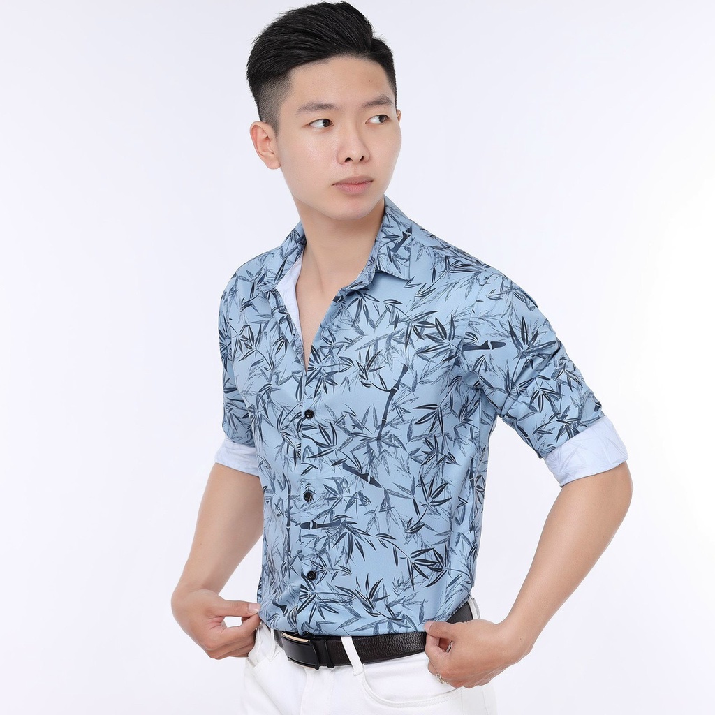 Áo sơ mi nam màu xanh họa tiết , áo tay dài công sở mẫu y hình chất liệu lụa mát mẻ T-FASHION 24H SM07