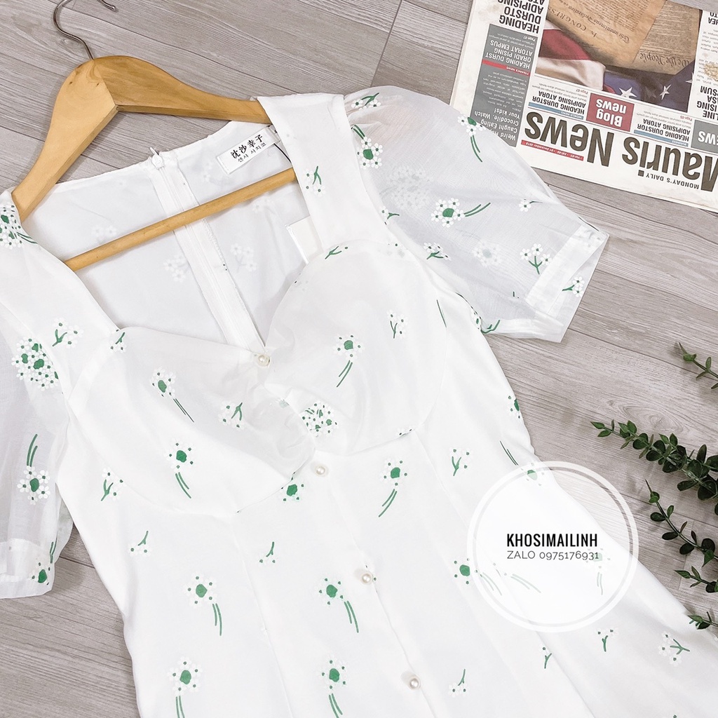 ✨BÁN SỈ✨Đầm voan trắng hoa xanh 2 lớp nhún ngực 2 lớp