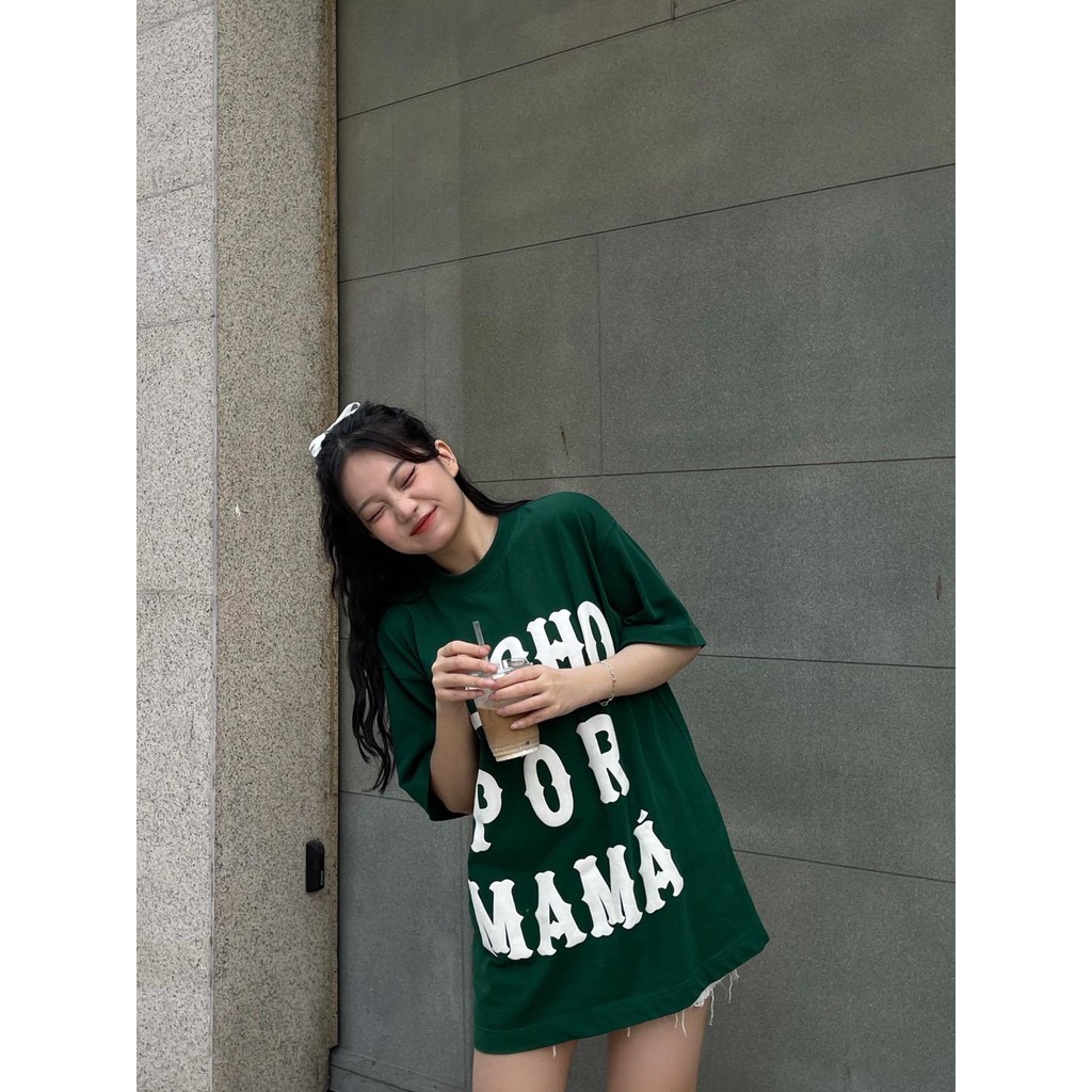 Áo thun tay lỡ HECHO POR MAMA XANH LÁ TO KKIMSHOP , Áo thun unisex nam nữ form rộng oversize chất liệu Cotton Thái