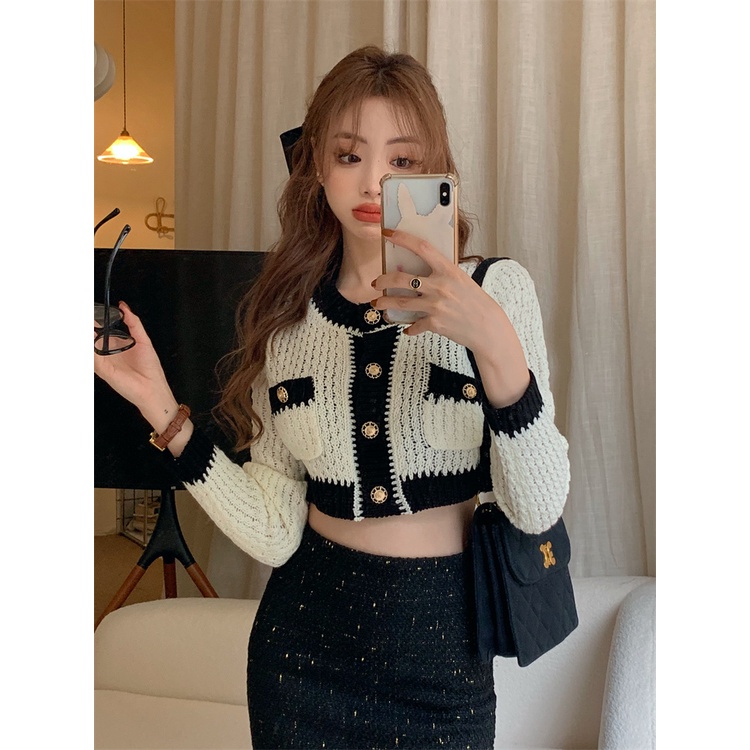 Áo cardigan Ngắn Tay Dài Cổ Tròn Màu Tương Phản Bằng Lụa Lạnh Cho Nữ