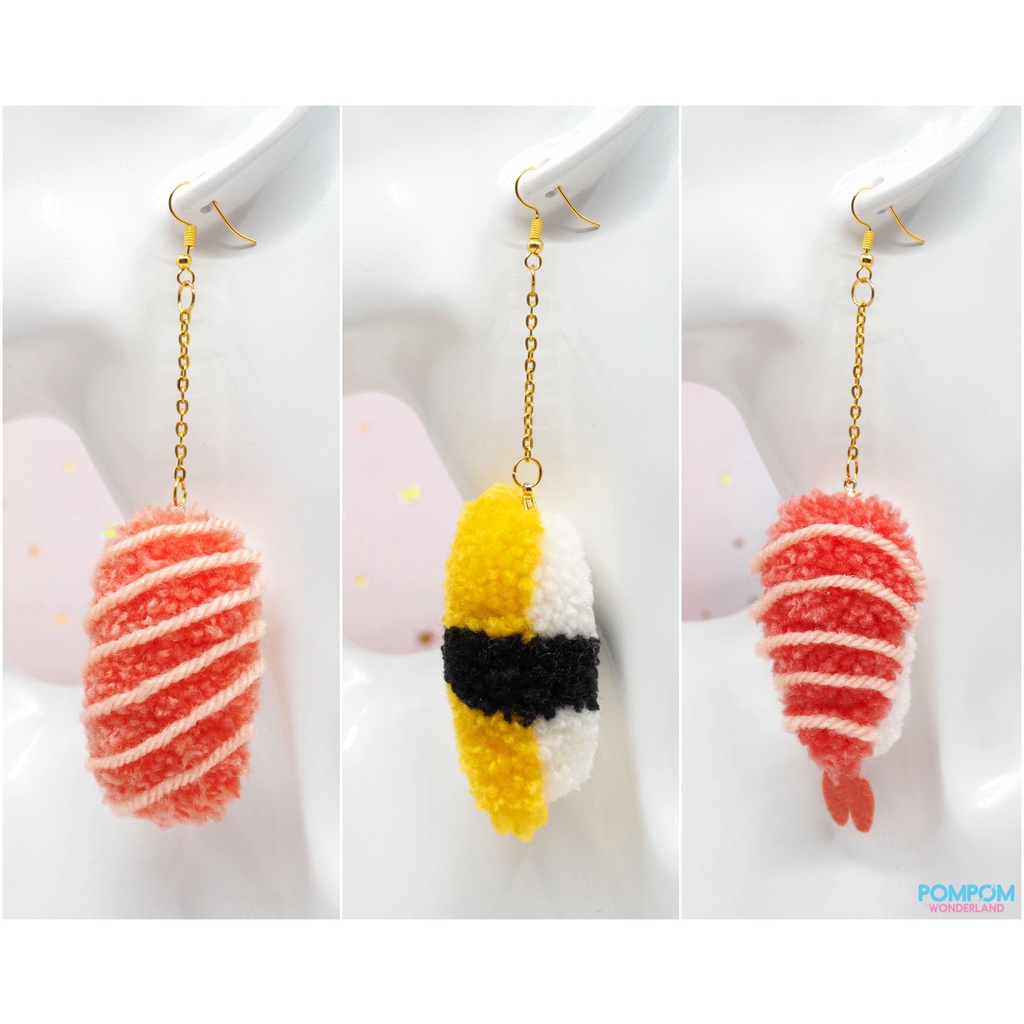 Bông tai Handmade Sushi Nigiri - Cá hồi nigiri - Cuộn trứng - Móc Khóa Pompom Sushi