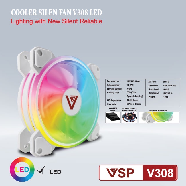 Fan Case 12cm VSP V308 LED RGB tự đổi màu (không đồng bộ Hub) - Chính hãng VSP