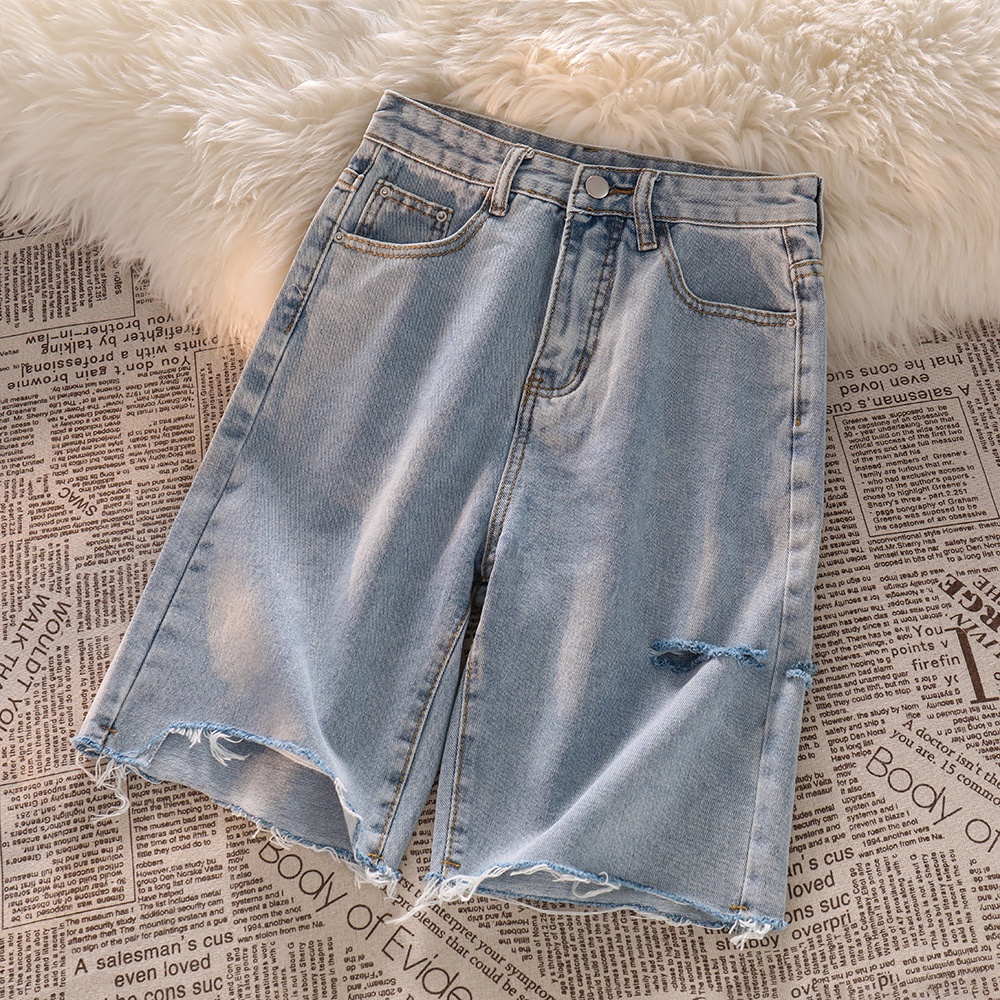 NUZIRO Quần short denim  lưng cao ống rộng thiết kế rách thời trang cho nữ
