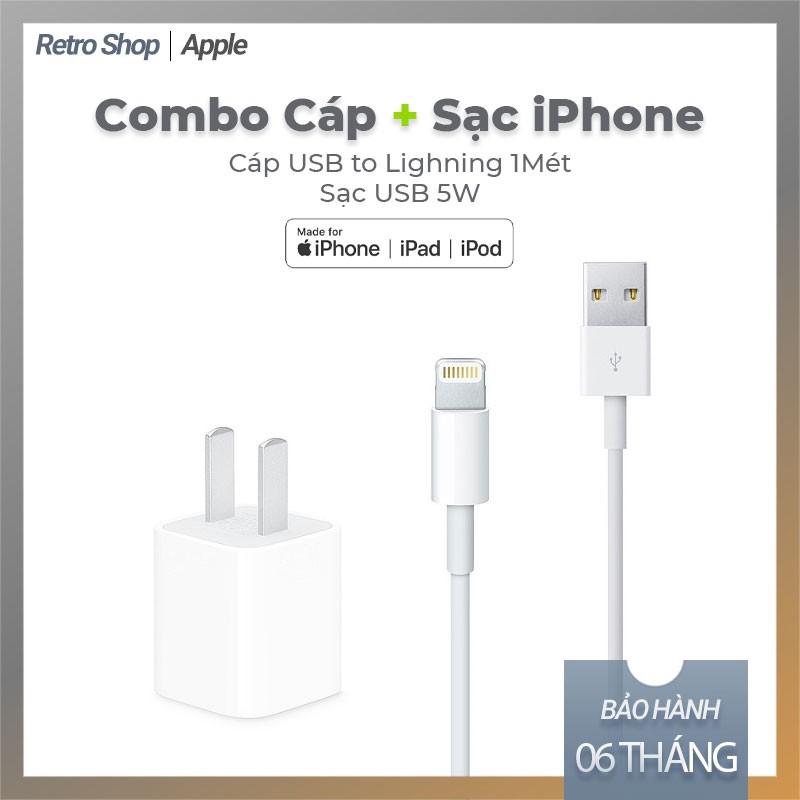 Bộ Cáp Sạc Lightning Chính Hãng Apple Dùng Cho iPhone, iPad, iPod, Cũ Sạc Zin (5V/1A), Cáp Zin USB to Lightning Dài 1M