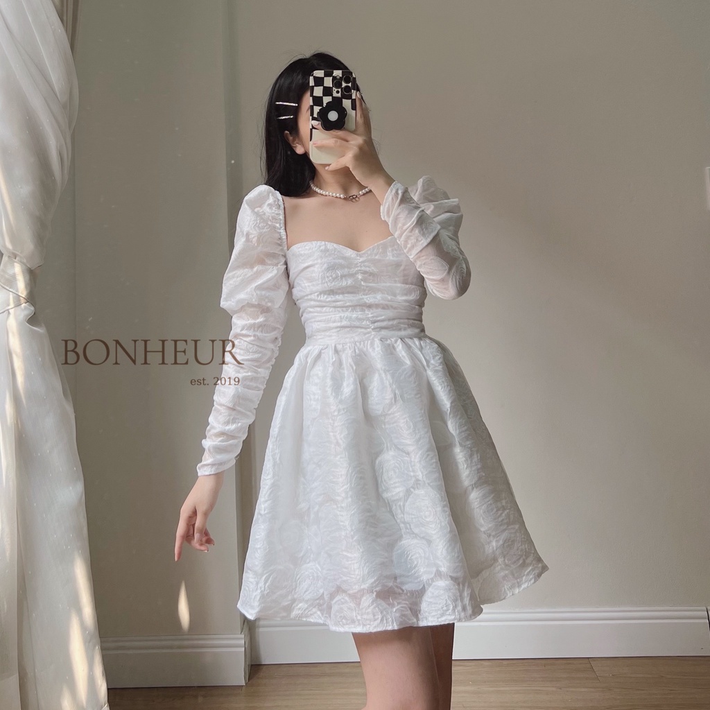 Váy tay bồng dài đầm xoè tơ hoa hồng tiểu thư phong cách công chúa thanh lịch bồng bềnh Bonrose Dress | BigBuy360 - bigbuy360.vn