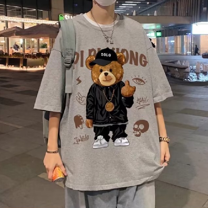 Áo Thun Tay Ngắn Dáng Rộng In Hình Chú Gấu Phong Cách Hip Hop Đường Phố Cho Nam Và Nữ Cỡ Lớn M-8XL