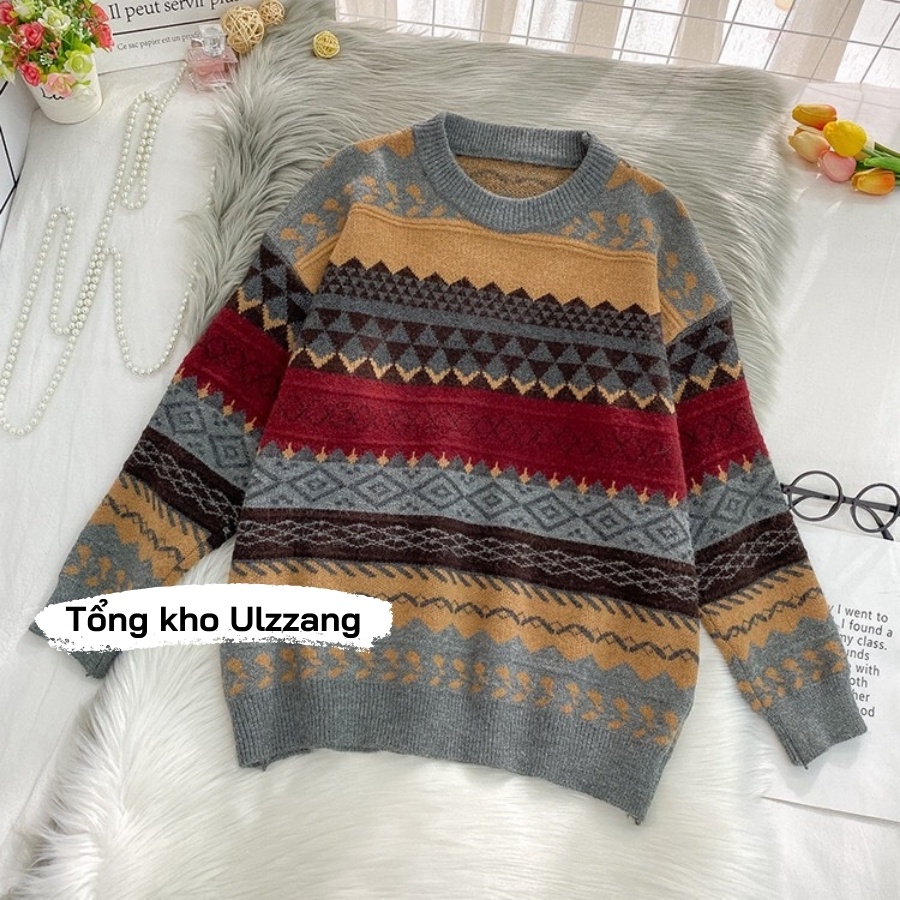 Áo Len Nữ Họa Tiết Thổ Cẩm Chất Len Dày Siêu Ấm Phong Cách Hàn Quốc | BigBuy360 - bigbuy360.vn
