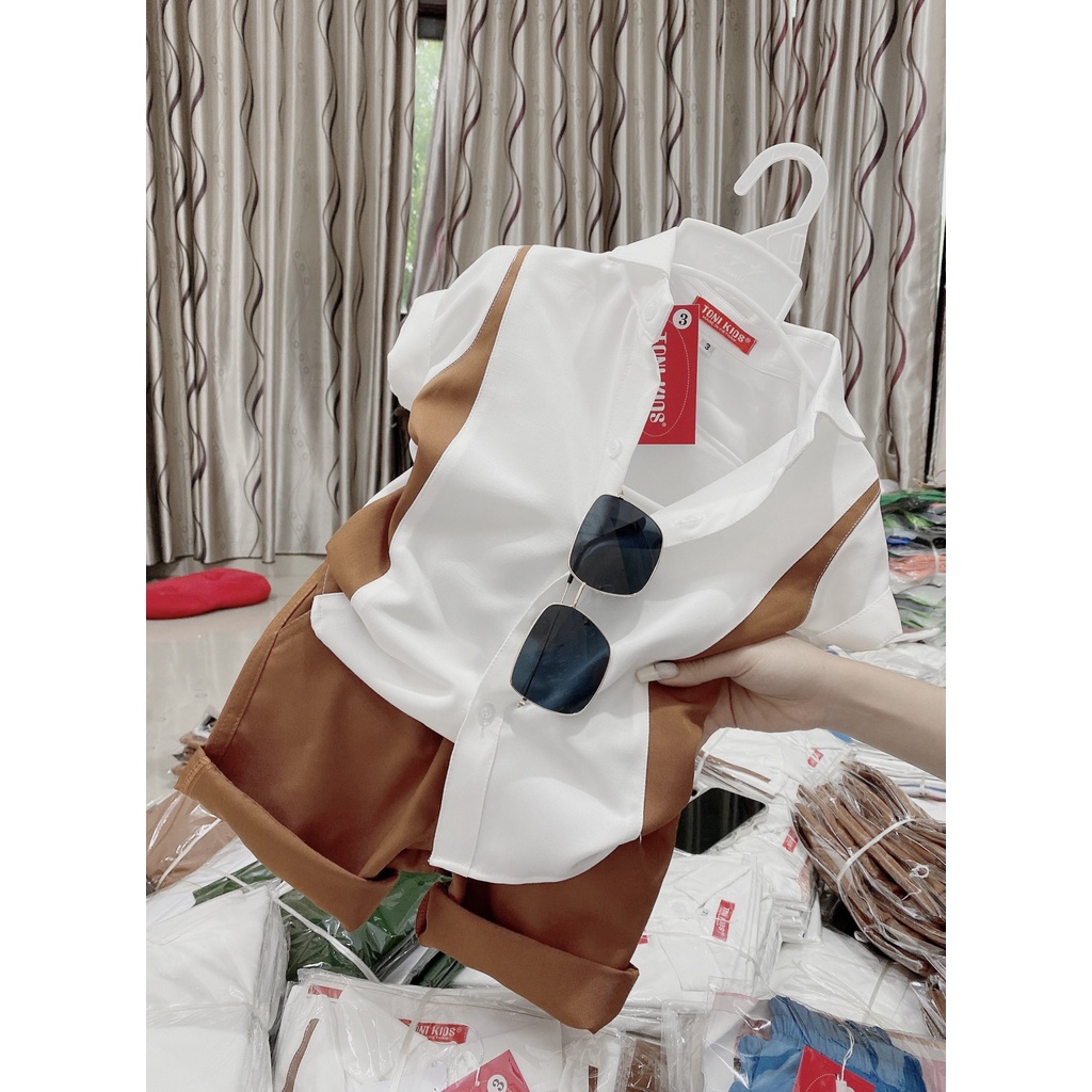 Set bộ đồ cho bé quần lửng áo sơ mi màu xanh dương màu rêu màu bò dễ thương size đại 12kg-52kg vải phom đẹp Toni kids