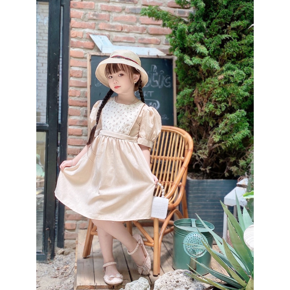 Váy đầm thiết kế vintage cho bé gái từ 8-32kg chất linen bột màu be mềm mịn mát