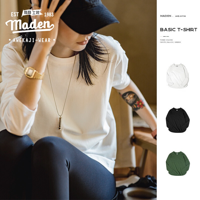 Áo thun MADEN cotton tay dài màu trơn phong cách retro Mỹ