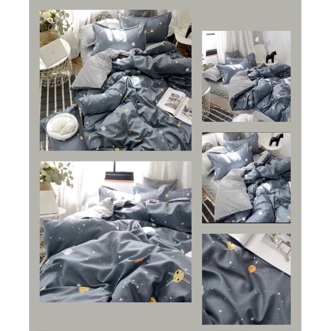 Set vỏ chăn ga mẫu vũ trụ xanh-Chất liệu cotton poly-Nhập khẩu nguyên bộ,đủ size ga giường