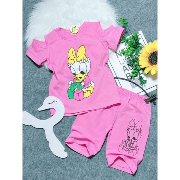 Bộ ngố lửng bé gái trễ vai thun cotton 4 chiều mềm mát