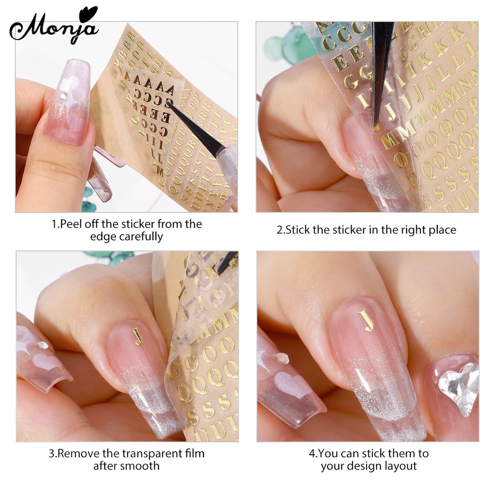 MONJA Miếng Dán Trang Trí Móng Tay Hình Chữ Cái Mini Màu Vàng / Bạc Thời Trang DIY