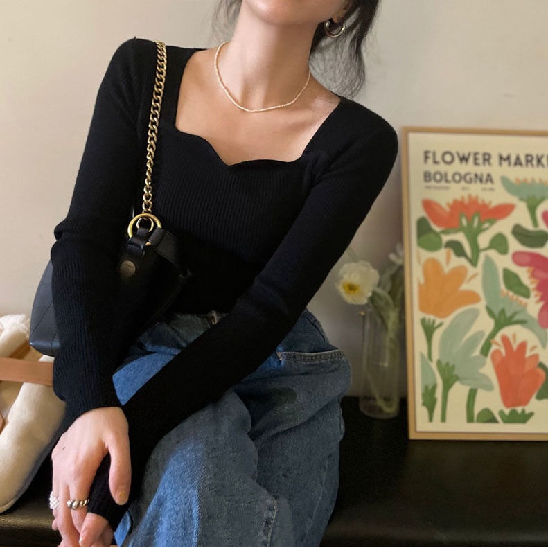 Áo dệt kim cổ vuông phối ren phong cách Hàn Quốc ngọt ngào mới