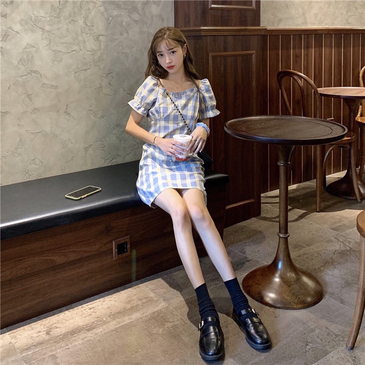 Đầm Tay Ngắn Họa Tiết Sọc Caro Phong Cách Retro Pháp | BigBuy360 - bigbuy360.vn