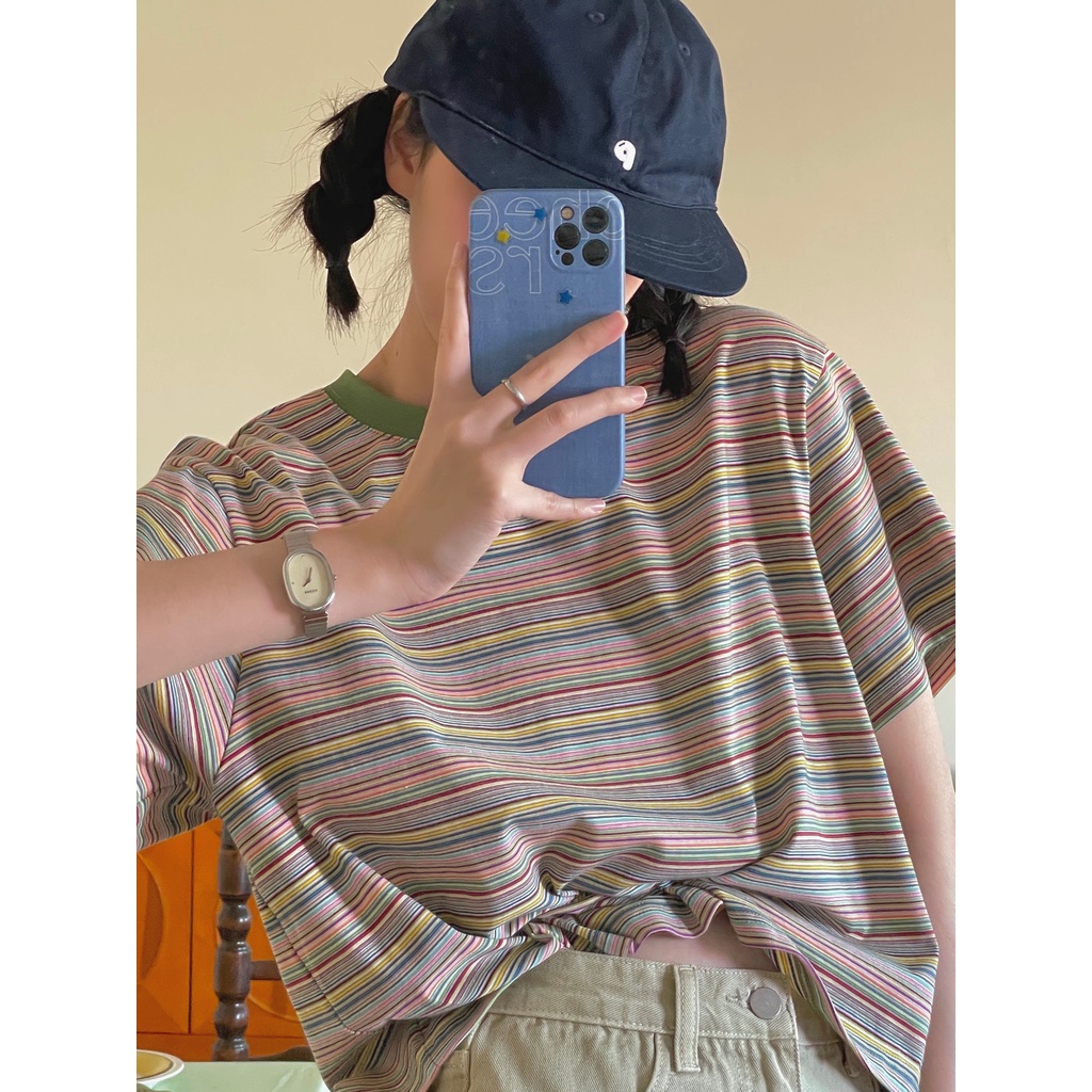 Áo Thun Nữ Ngắn Tay Cổ Tròn Sọc Ngang Thời Trang