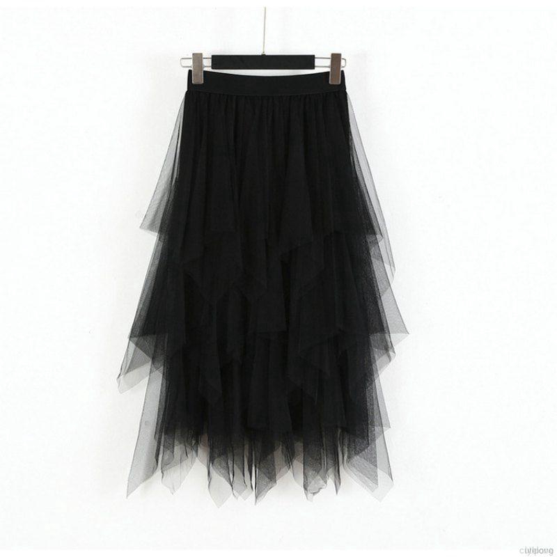 Korean Women Elastic High Waist Solid Color Irregular Mesh Stitching Wild A-line Long Paragraph Skirt | BigBuy360 - bigbuy360.vn