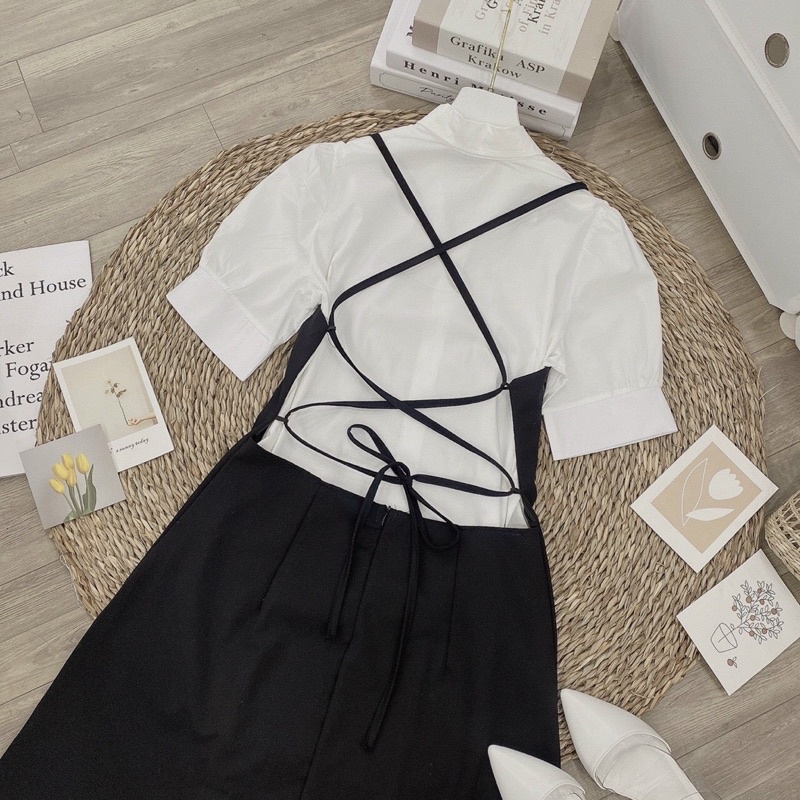 Set áo sơ mi trắng tay ngắn phồng kèm đầm yếm kiểu đan lưng sau 2 màu freesize Pumi