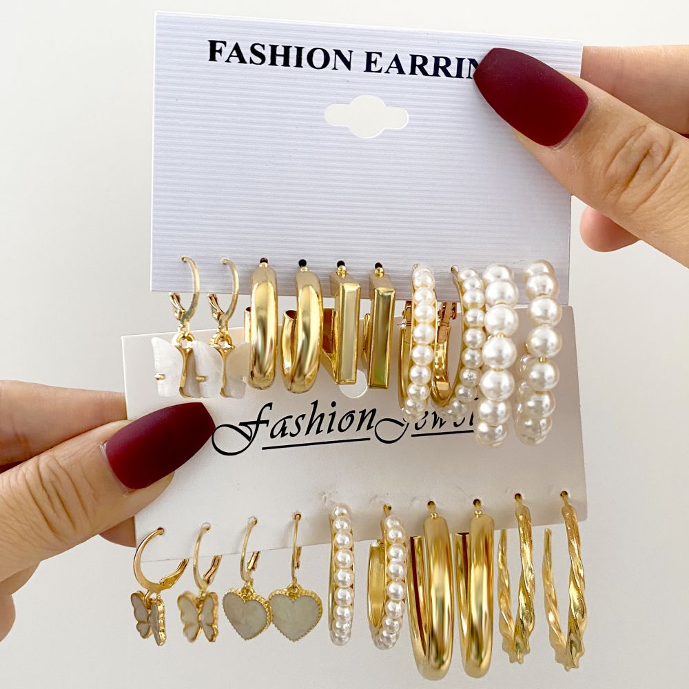 Bộ khuyên tai thiết kế hình vòng tròn và bươm bướm mạ vàng cỡ lớn đính ngọc trai thời trang cổ điển cho nữ