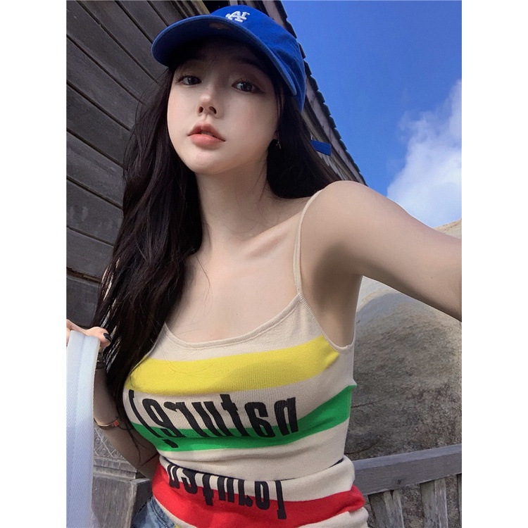 Áo hai dây ZHELIHANGFEI dáng ôm ngắn họa tiết kẻ sọc phong cách Mỹ quyến rũ cho nữ