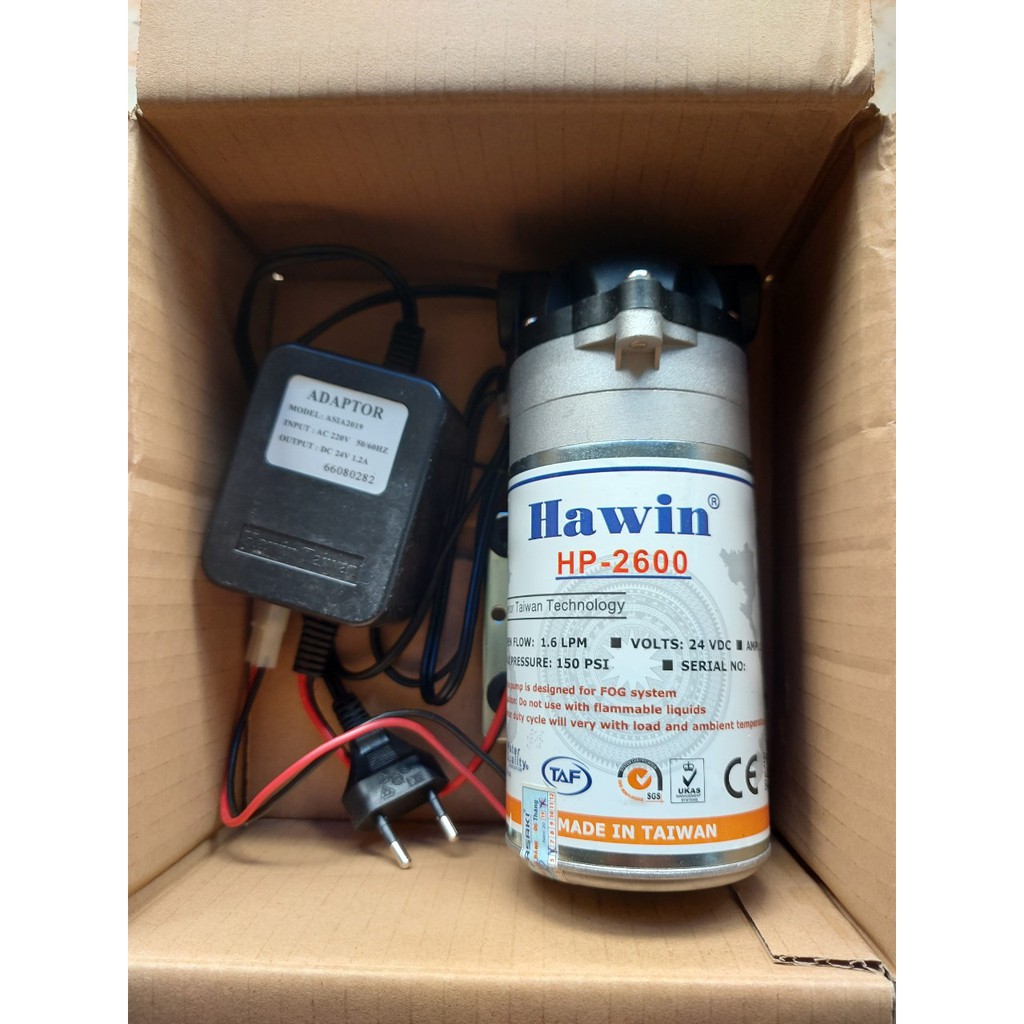 Máy bơm phun sương Hawin HP 2600 chính hãng Taiwan kèm Adapter- 1.6LPM (hỗ trợ 10 - 30 Béc) tặng kèm 2 đầu ren 17-8mm