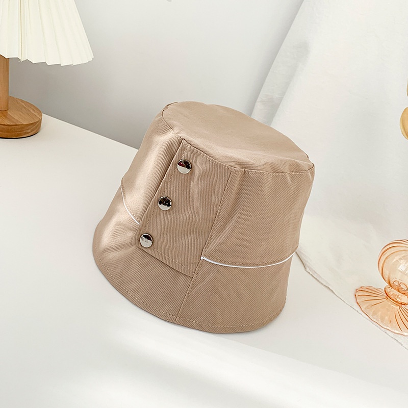Nón bucket thời trang Hàn Quốc đính nút vải cotton có dây rút điều chỉnh bên trong nón