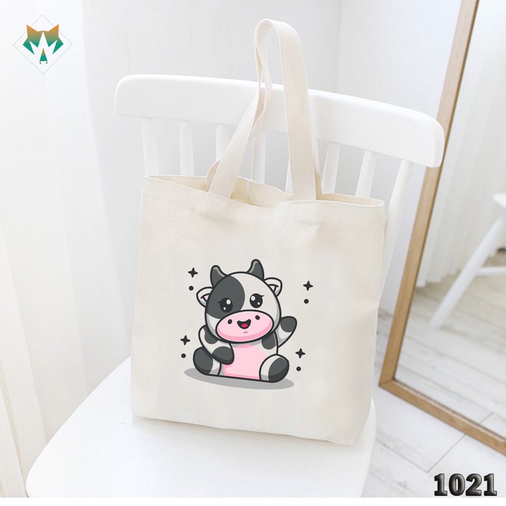 TÚI TOTE TRẮNG CHẤT VẢI CANVAS 1021 484 BÒ SỮA NGÔI SAO DỄ THƯƠNG HÀNG CHUẨN ĐẸP