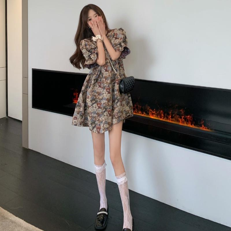 Đầm PERTY dáng ngắn rộng in họa tiết gấu hoạt hình phong cách Hàn Quốc xinh xắn dành cho nữ