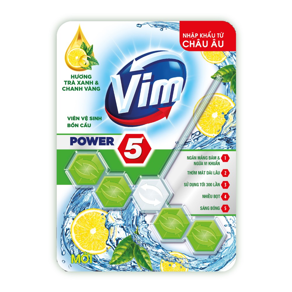 Viên Tẩy Bồn Cầu Vim Power 5 Hương Trà Xanh Chanh Vàng (55G)