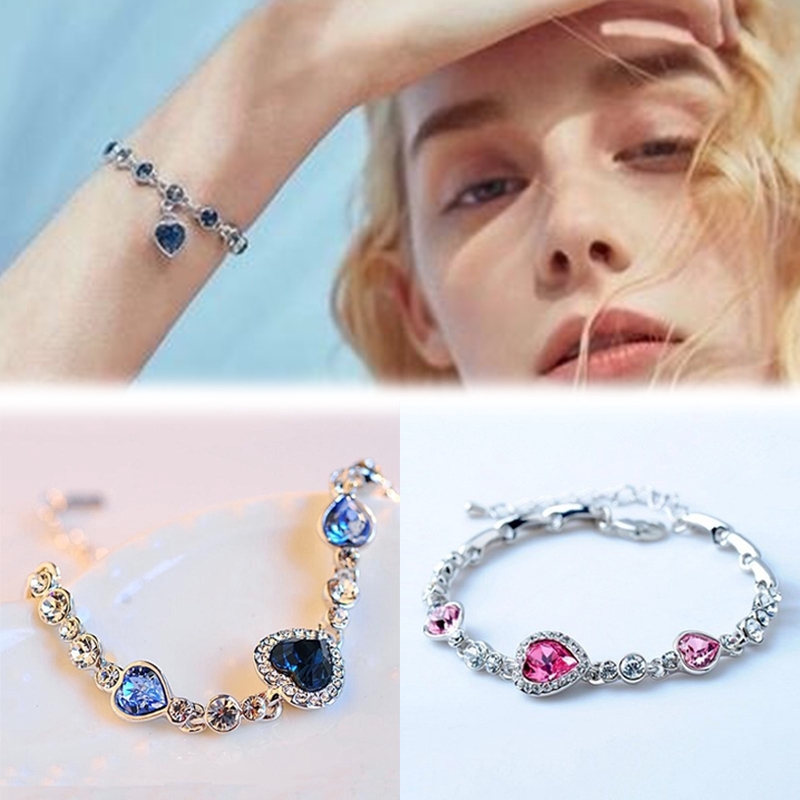 Vòng Tay Bạc 925 Dáng Dài Mặt Hình Trái Tim Đính Đá Pha Lê Xanh Dương Cho Nữ